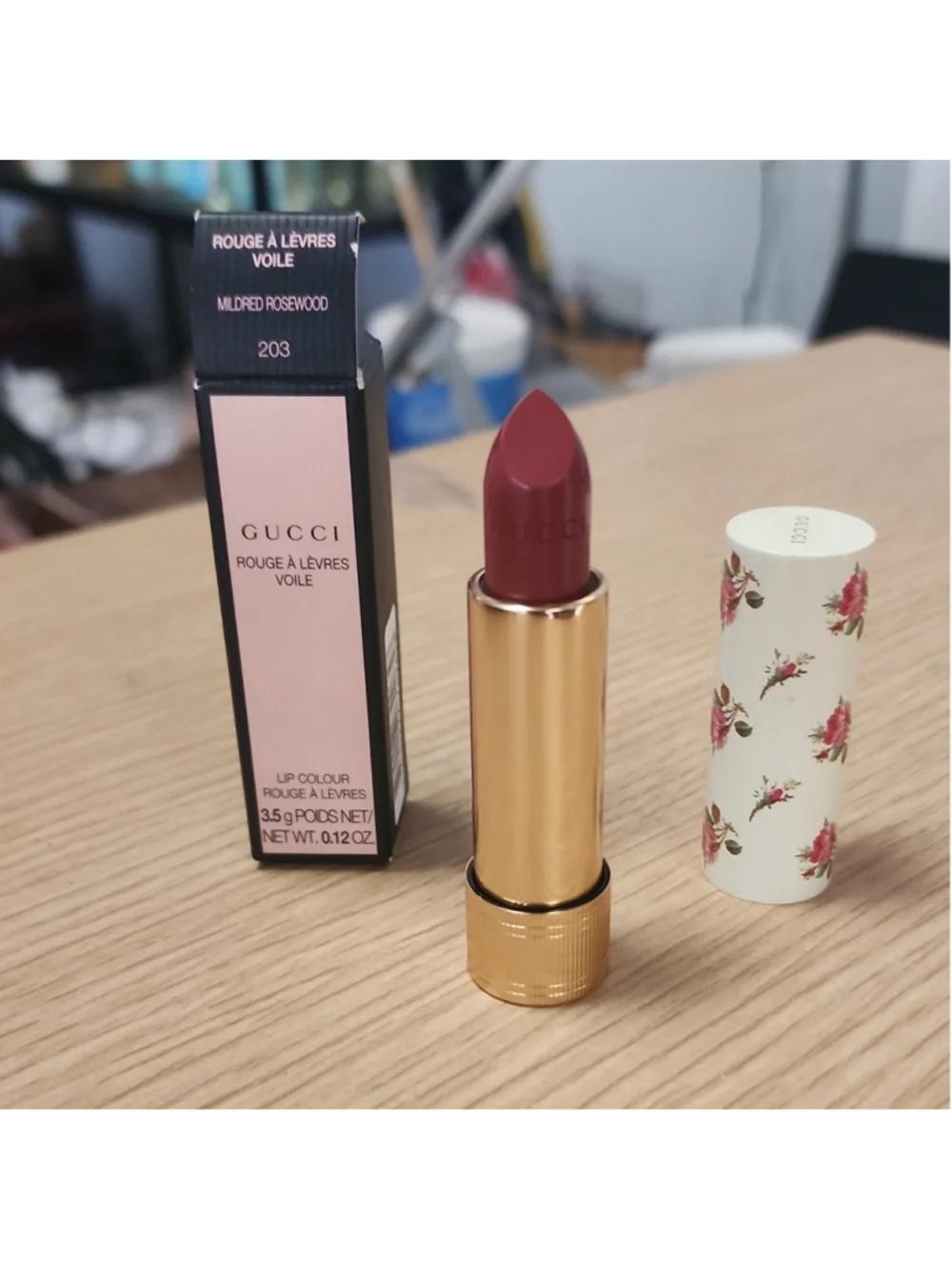 GUCCI Rouge A Lèvres Voile Sheer Lipstick Stick 203 Mildred Rosewood 0.12 oz